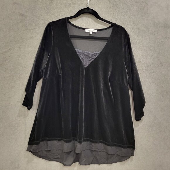 Rose+Olive Velvet Tunic Top Womens Size 1X Sheer Lace Trim 3/4 Sleeve Blouse - Picture 1 of 7